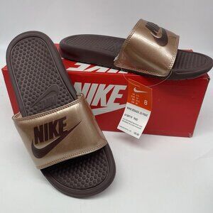 Nike Benassi JDI Print Metallic Womens Size 8 Slide Mahogany Mink NIB